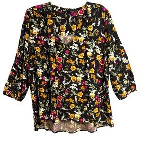 Harve Benard Blouse Shine Floral Tie Neck Gold Foil Rayon Black Size Large NWT